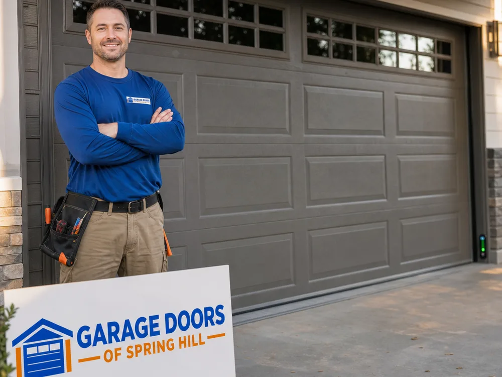 Finished residential garage door aligned in its tracks and closed evenly
