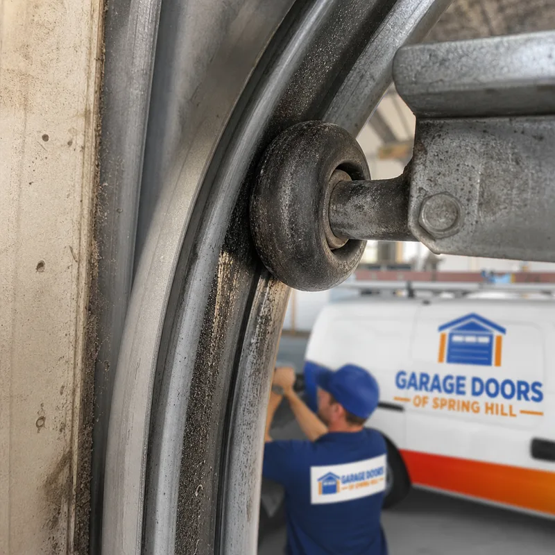 Worn garage door roller seated in a dirty track