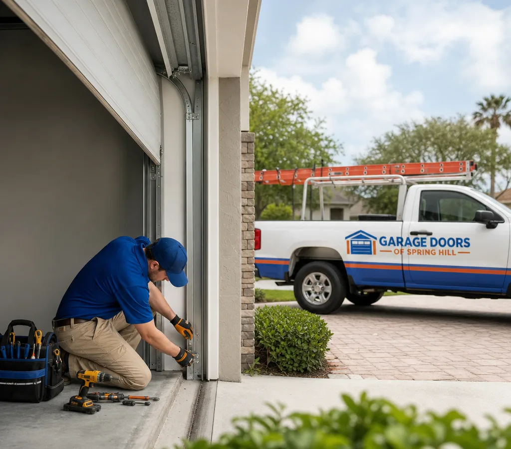 Residential garage door partially open while a contractor inspects the track and lower rollers