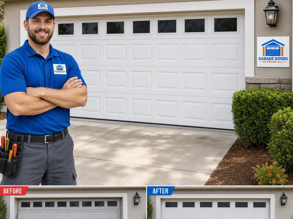 Residential garage door closed evenly with aligned tracks and tidy hardware
