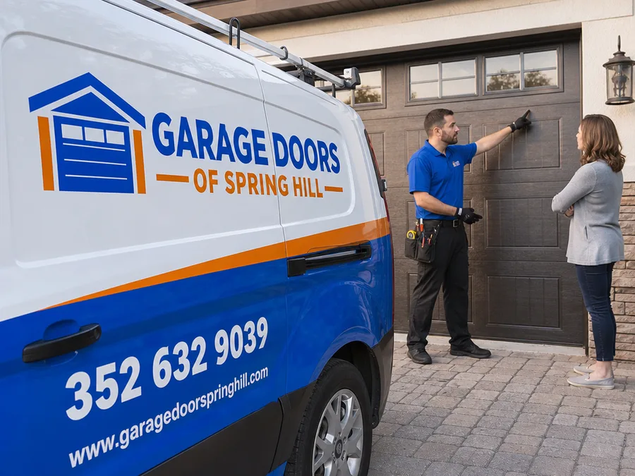 Contractor explaining garage door photo-eye sensor alignment beside a residential door